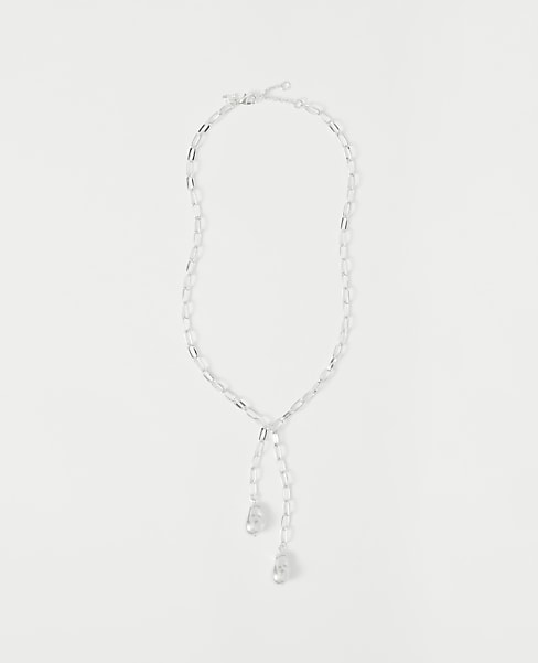 Double Pearl Lariat Necklace - Silvertone