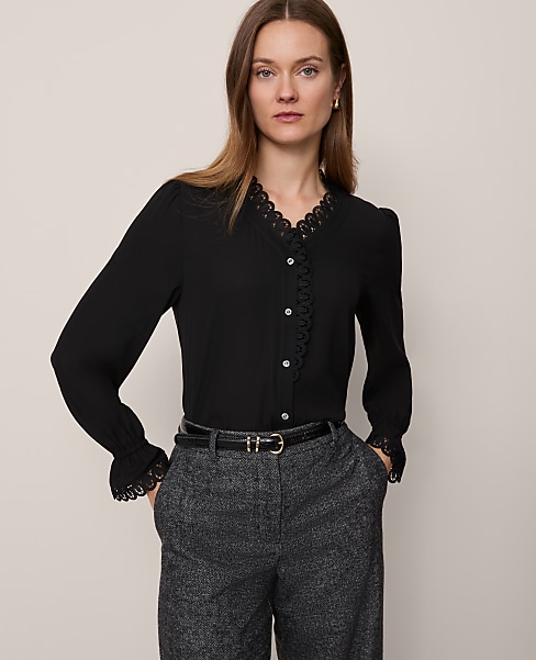 Petite Lace Ruffle Trim Blouse