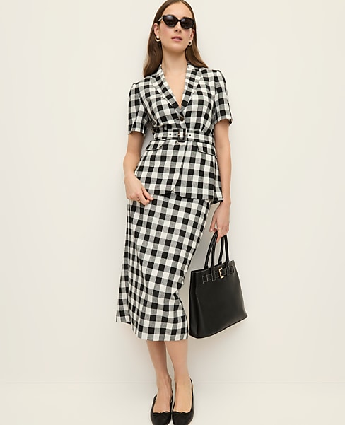 The Button Midi Skirt in Gingham Linen Blend