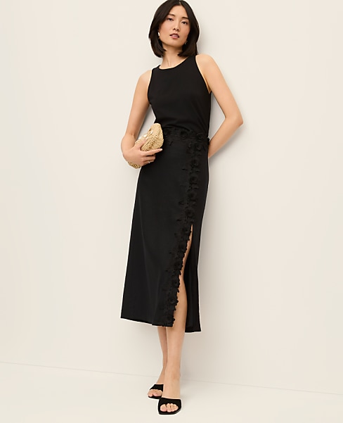 Lace Trim Linen Blend Midi Skirt