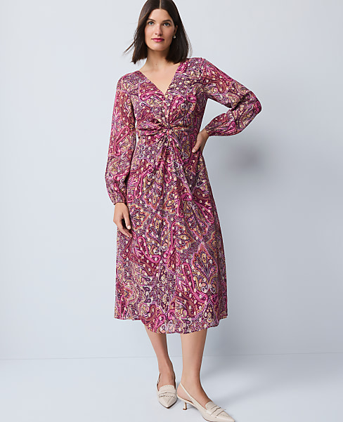 Draped Paisley Midi Dress