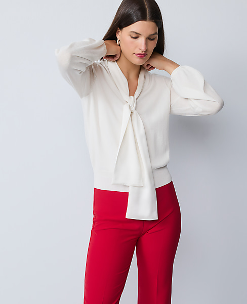 Petite Mixed Media Tie Neck Top