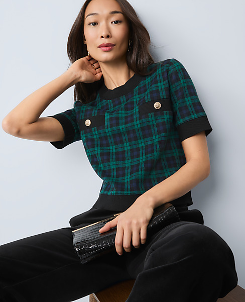 Petite Plaid Sweater Trim Top