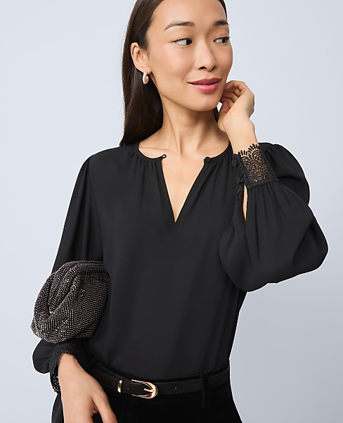 Petite Lace Trim Mixed Media Blouse