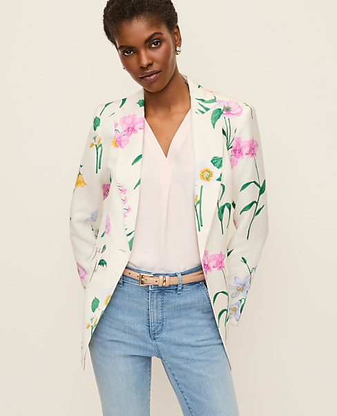 The Long Single Button Blazer in Floral Linen Blend