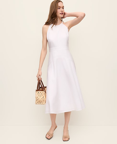 Petite Halter Flare Midi Dress in Linen Blend