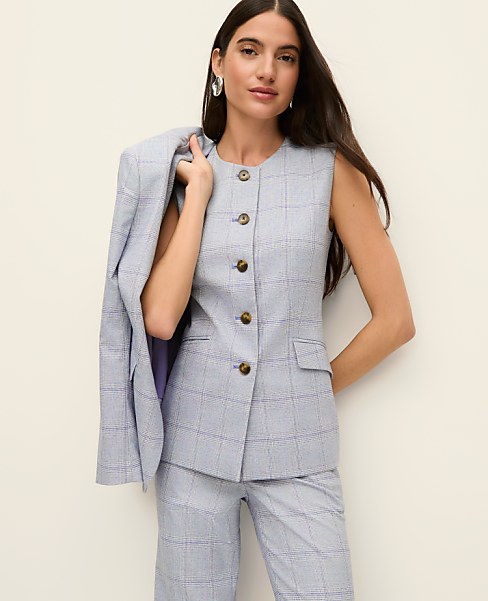The Petite Long Crew Neck Vest in Plaid
