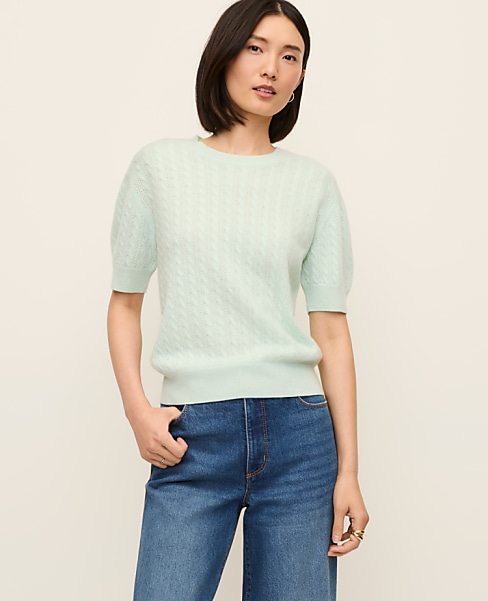 Cashmere Cable Stitch Wedge Tee - Pale Aqua