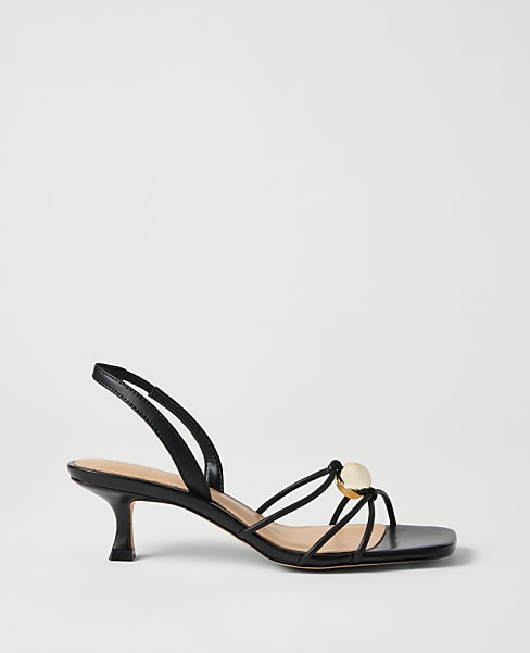 Leather Embellished Kitten Heel Sandal - Black