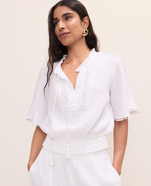 Smocked Bobble Trim Blouse