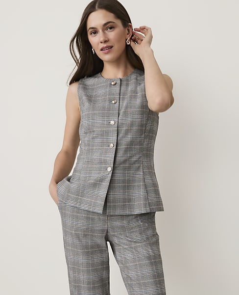 Petite Plaid Crew Neck Peplum Vest