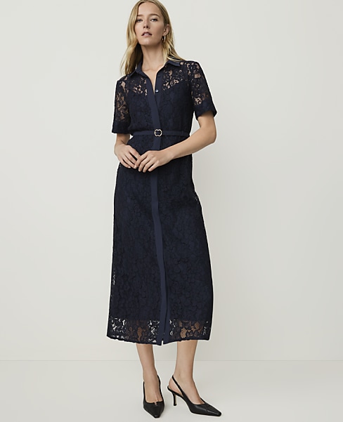 Belted Lace Midi Shirtdress