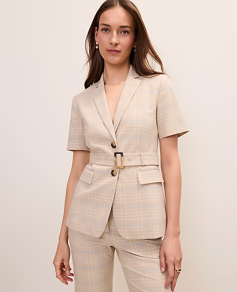 The Petite Belted Greenwich Blazer in Plaid