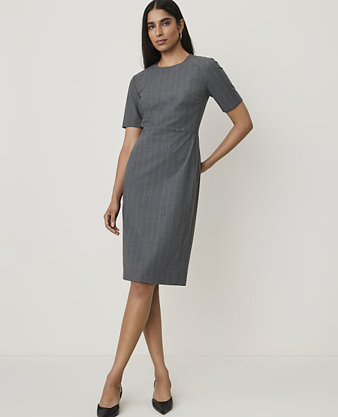 Pinstripe Crew Neck Sheath Dress in Bi-Stretch