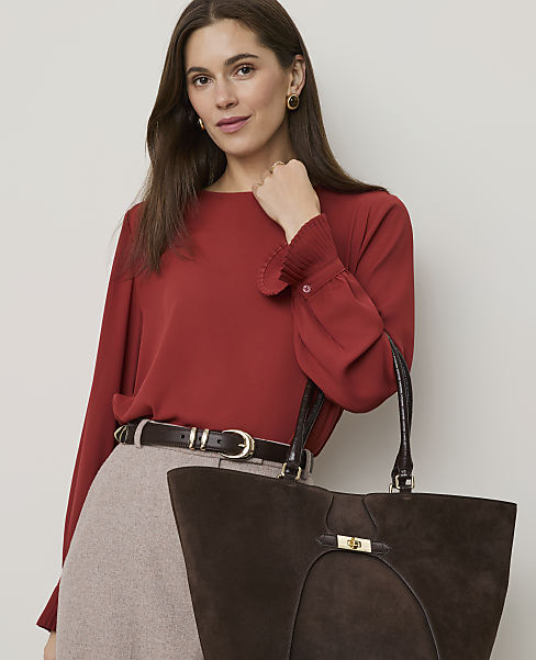 Ann Taylor Petite Mixed Media Pleat Cuff Top Red Ochre Women's