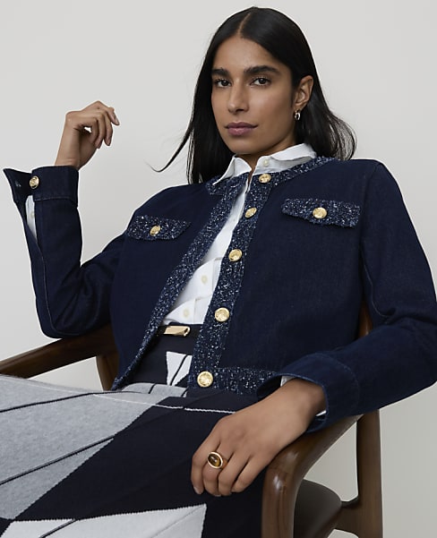 Petite Bouclé Trimmed Denim Jacket