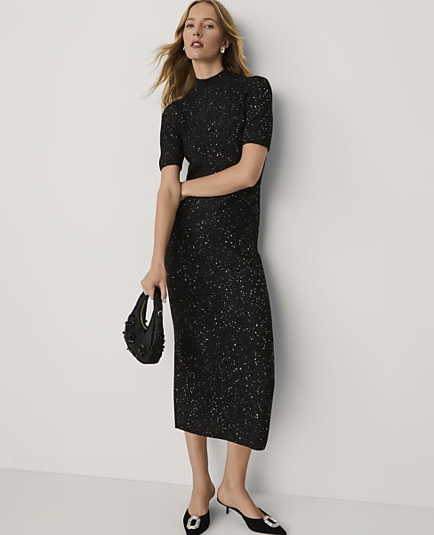 Sequin Mock Neck Sweater Dress