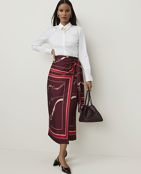 Ann Taylor Petite Horsebit Print Wrap Skirt Satin A Purest Plum Women's