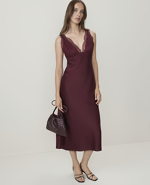 Petite Lace Trim Satin Midi Slip Dress