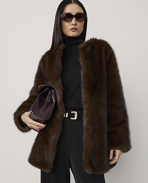 Petite Crew Neck Jacket in Faux Fur