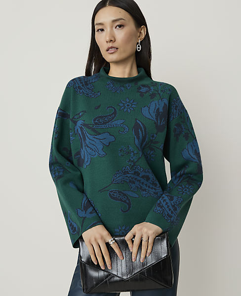 Ann Taylor Paisley Jacquard Mock Neck Sweater Night Garden Women's