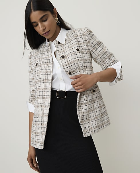 Ann Taylor Split Hem Jacket Plaid Whipped Cream Multi Women's