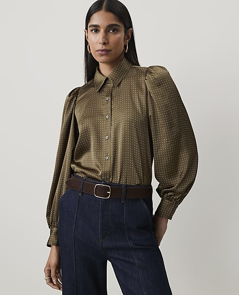 Petite Dotted Collared Blouson Sleeve Shirt