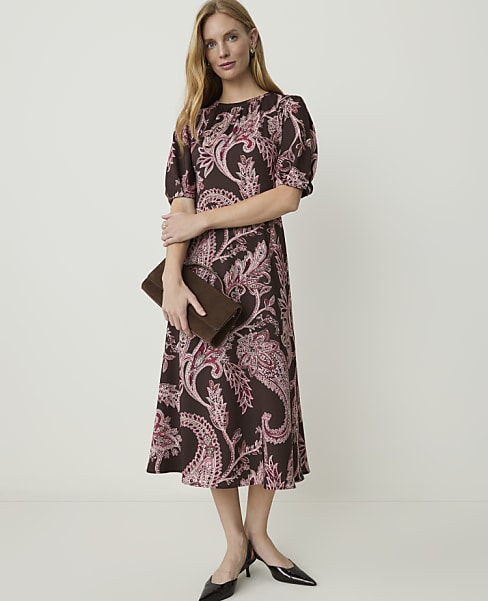 Paisley Puff Sleeve Midi Dress