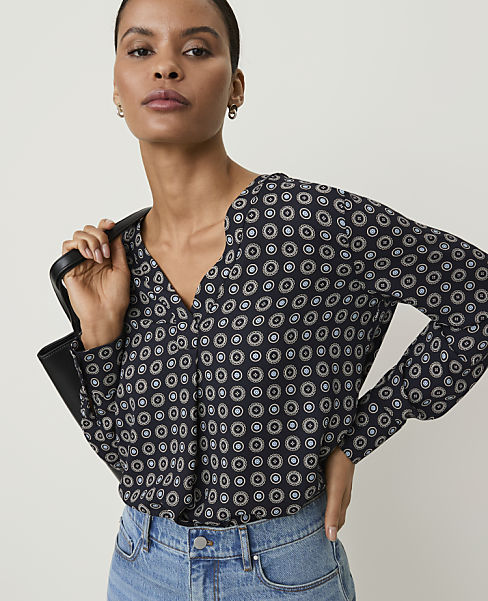 Geo Print Mixed Media Pleat Front Top