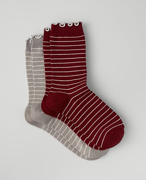 Ann Taylor Striped Crew Sock Set Rich Cranberry Women's