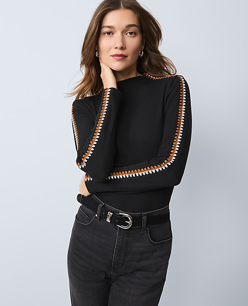 Weekend Collection Crochet Trim Mock Neck Top