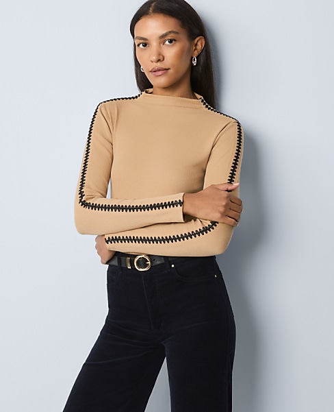 Weekend Collection Crochet Trim Mock Neck Top