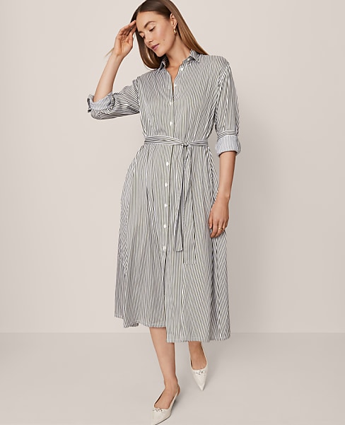 Petite Striped Collared Midi Shirtdress