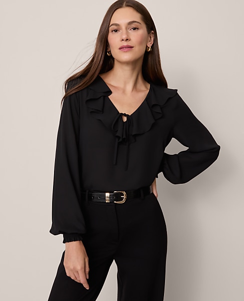 Petite Tie Neck Ruffle Blouse