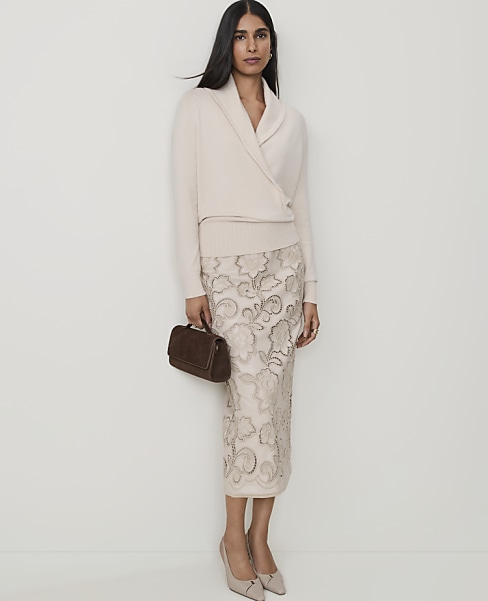 Embroidered Faux Leather Midi Skirt