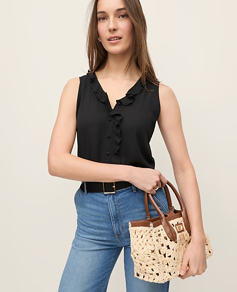 Mixed Media V-neck Ruffle Shell