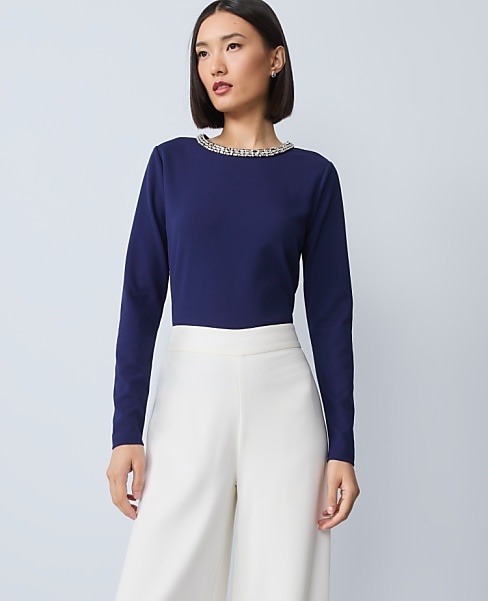 Ponte Embellished Crew Neck Top