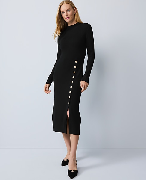 Petite Ribbed Button Sweater Dress