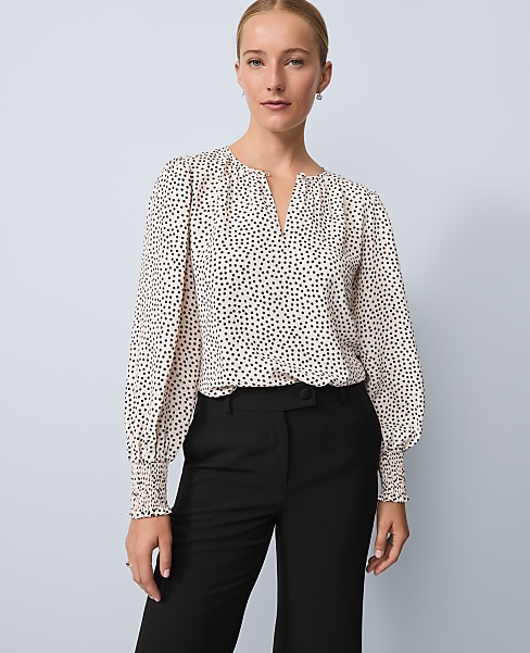 Petite Dotted Smocked Crew Neck Top