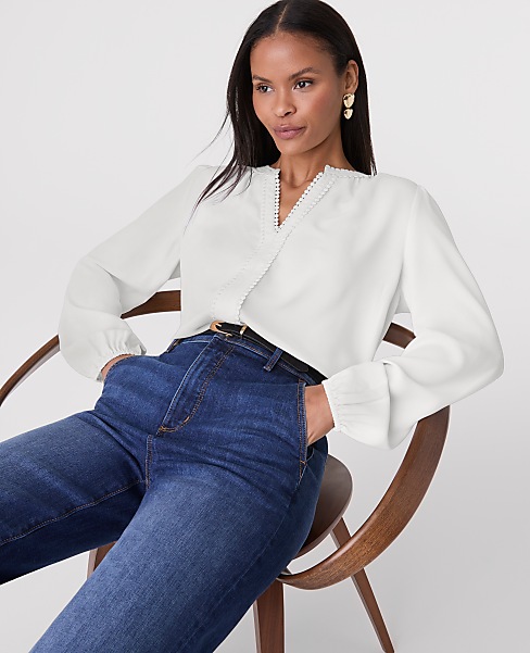 Petite Bobble Trim V-Neck Blouse