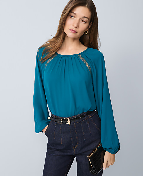 Petite Lace Trim Mixed Media Blouse