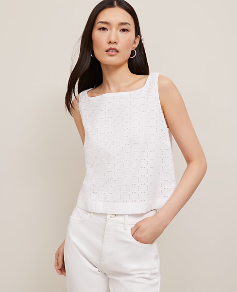 Eyelet Linen Blend Tank Top