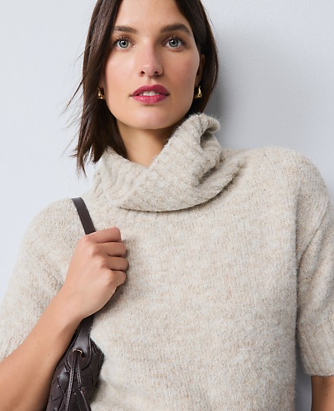 Turtleneck Elbow Sleeve Sweater Tee - Neutral