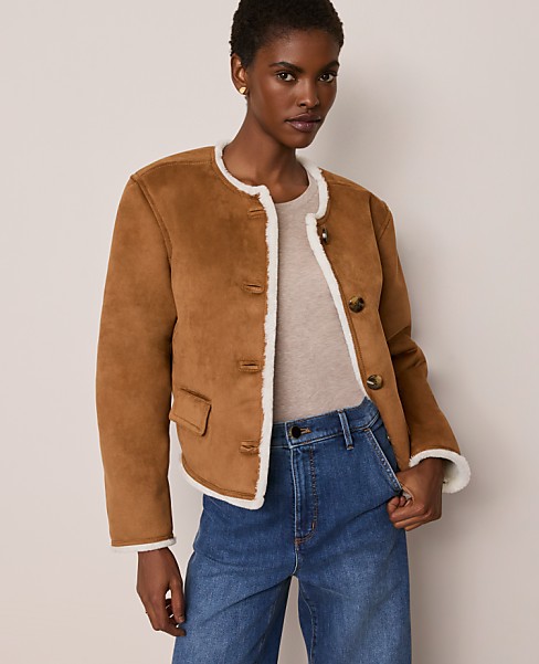 Faux Suede Crew Neck Jacket - White Fur/ Tan Suede
