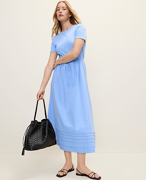 Ann Taylor Weekend Mixed Media Crew Neck Midi Dress Size Small Vista Blue Women's