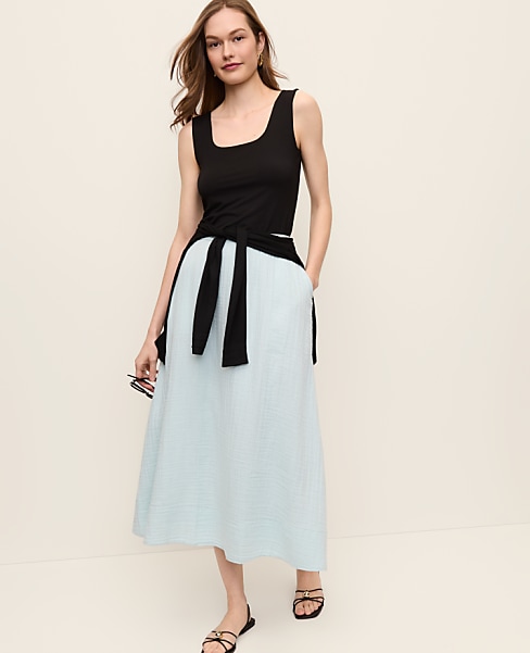 Cotton Gauze Drawstring Midi Skirt