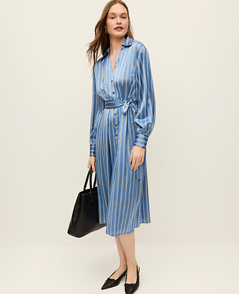 Petite Striped Satin Midi Shirtdress