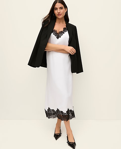 Petite Lace Trim Satin Slip Midi Dress