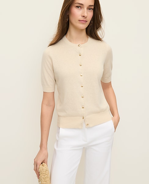 Shell Button Short Sleeve Linen Cardigan