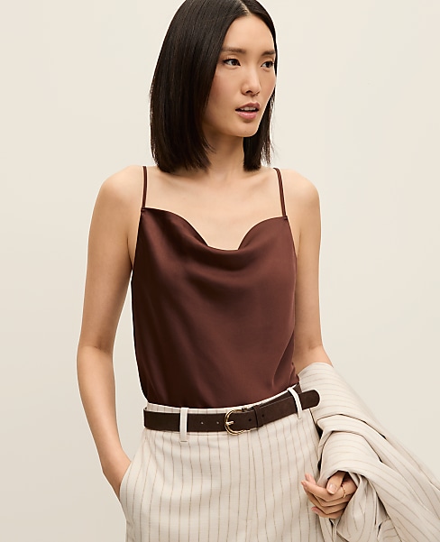 Satin Cowl Neck Tank Top - Rich Walnut